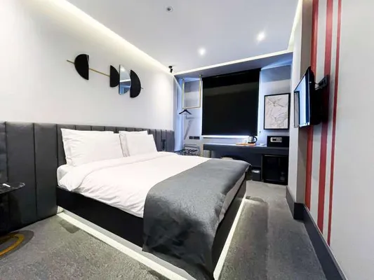 Double bed and television in the Standard Room