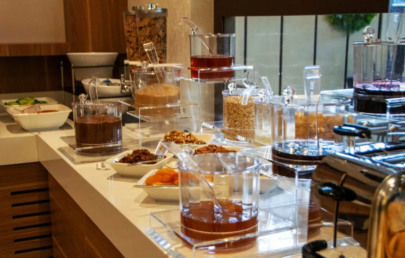Jam, honey and cereals at the buffet breakfast