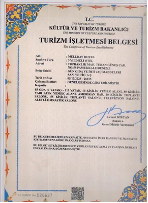 Tourism Establishment Certificate from the Ministry of Culture and Tourism